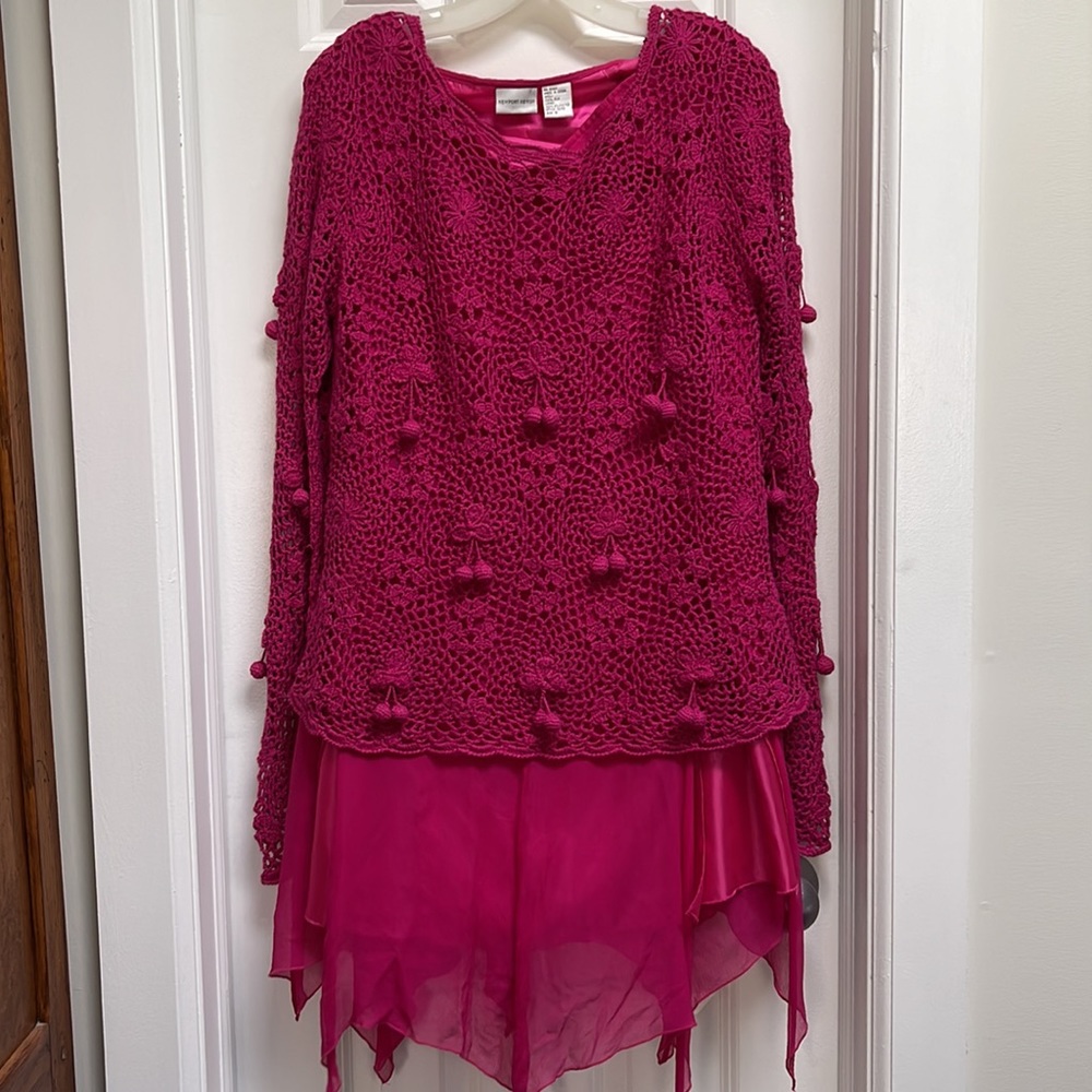 SILK- beautiful fully lined skirt. Ramie/cotton crochet top. Color is gorgeous.